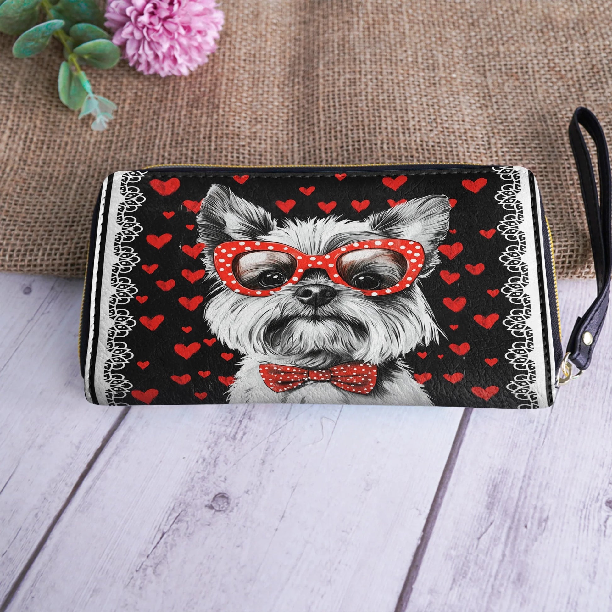  Leather Clutch Purse With Wristlet Strap Handle Yorkie Heart & Paws Love