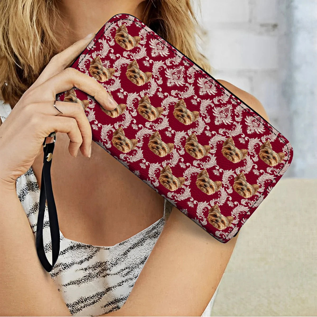  Leather Clutch Purse With Wristlet Strap Handle Royal Yorkie Charm