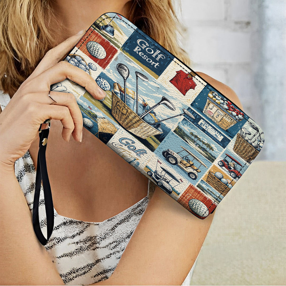  Leather Clutch Purse With Wristlet Strap Handle Vintage Golf Dreams