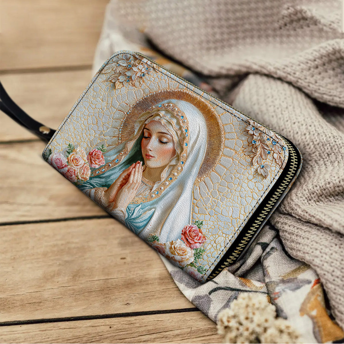  Leather Clutch Purse With Wristlet Strap Handle Graceful Serenity Virgin Mary
