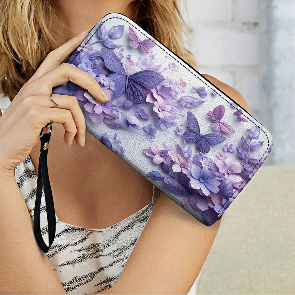  Leather Clutch Purse With Wristlet Strap Handle Wings Over Blooms