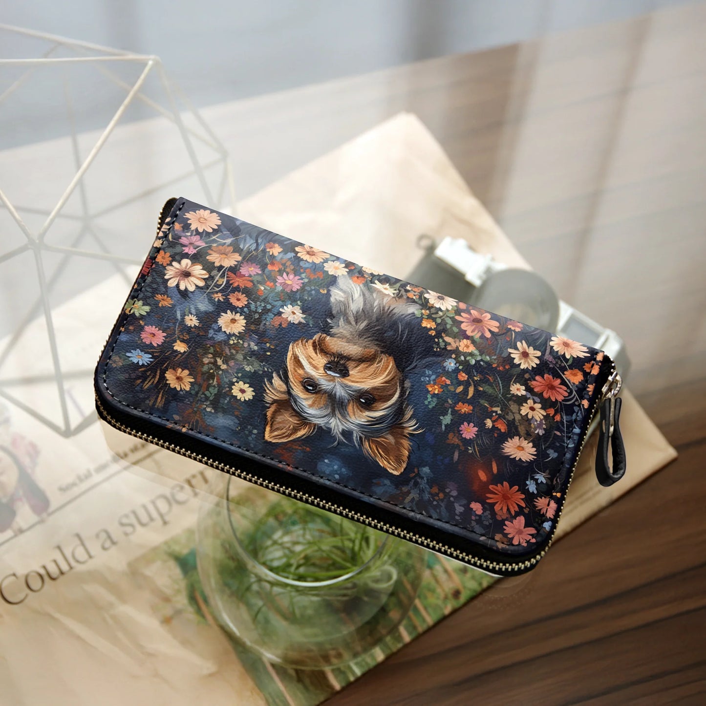  Leather Clutch Purse With Wristlet Strap Handle Enchanted Yorkie Bloom