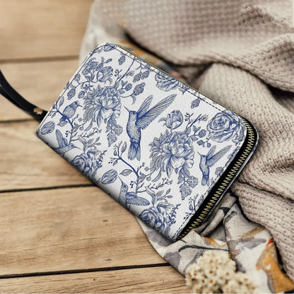  Leather Clutch Purse With Wristlet Strap Handle Hummingbird Serenity