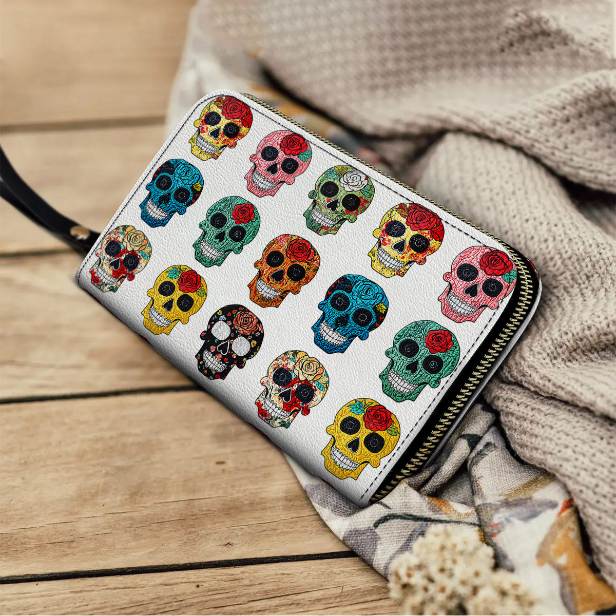  Leather Clutch Purse With Wristlet Strap Handle Colorful Sugar Skull Roses