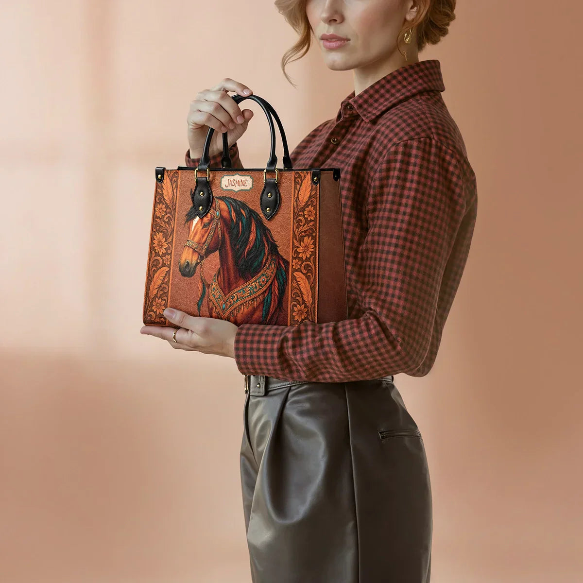  Personalized Regal Horse Bloom Leather Bag