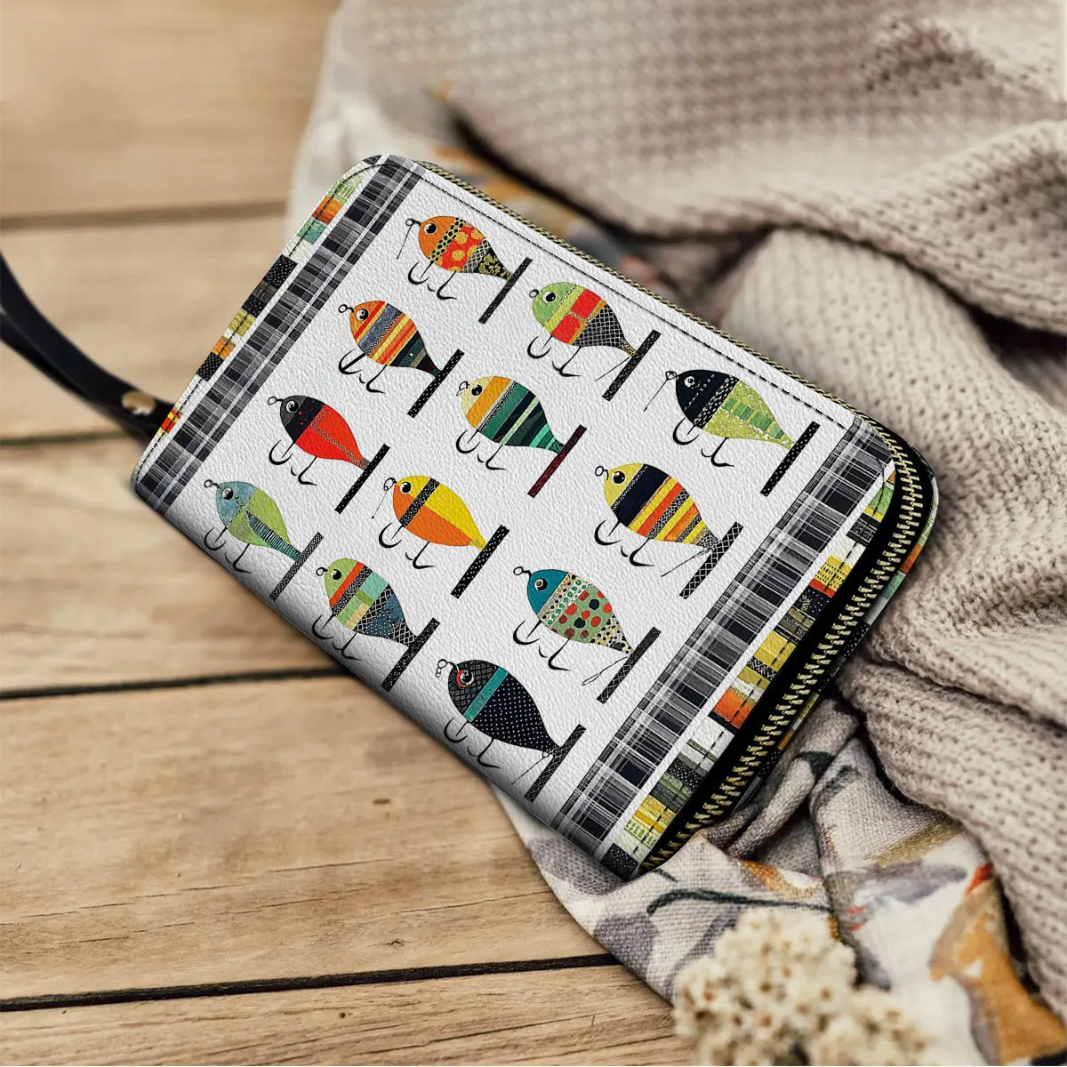  Leather Clutch Purse With Wristlet Strap Handle Vintage Fishing Lures