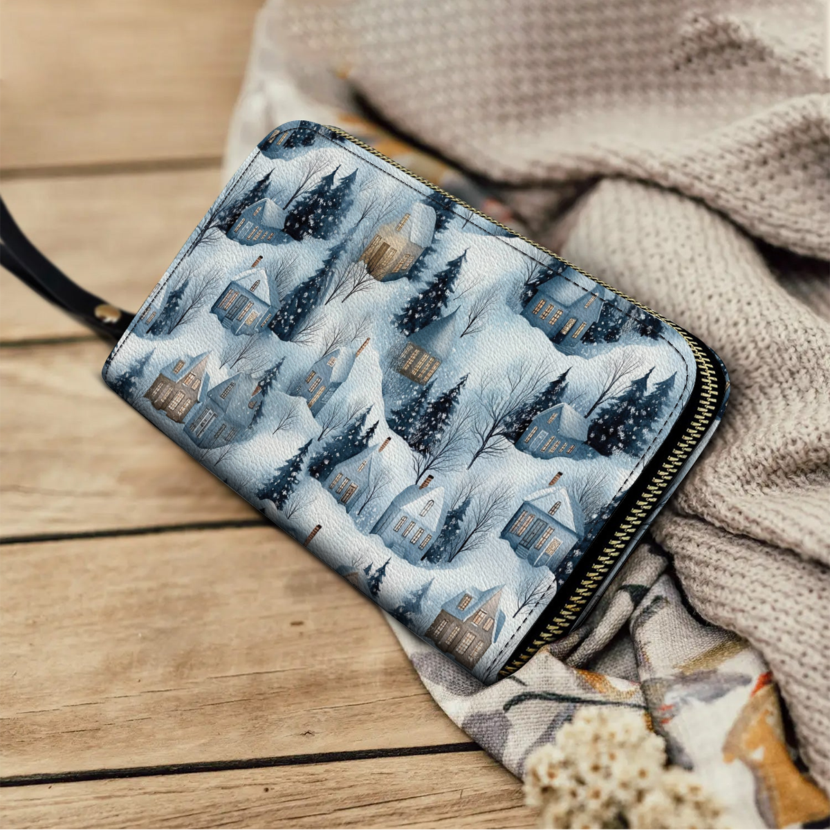  Leather Clutch Purse With Wristlet Strap Handle Snow Village