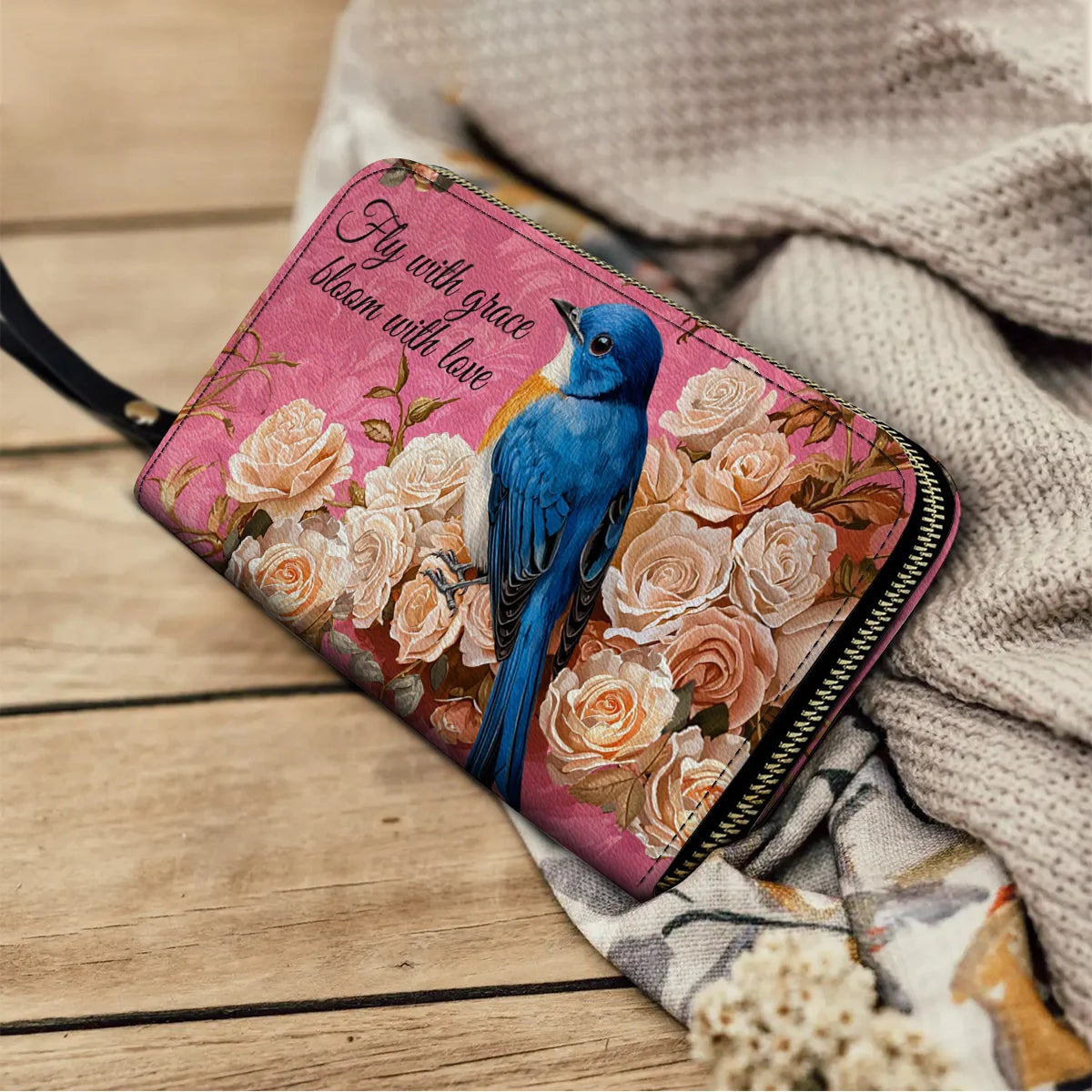 Leather Clutch Purse With Wristlet Strap Handle Bluebird Elegance