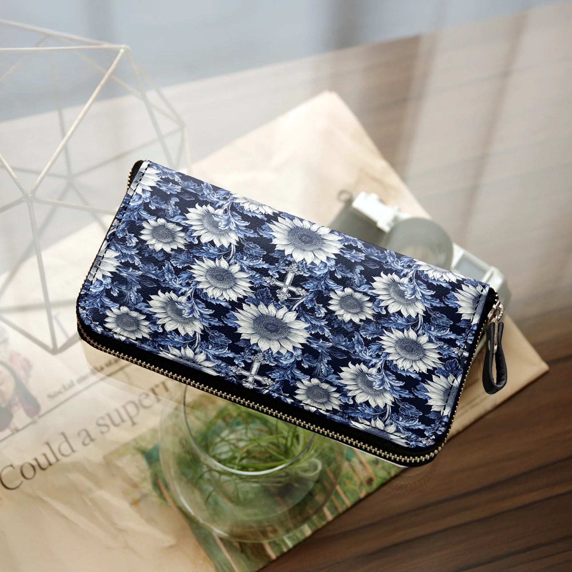  Leather Clutch Purse With Wristlet Strap Handle Midnight Blue Sunflower Cross