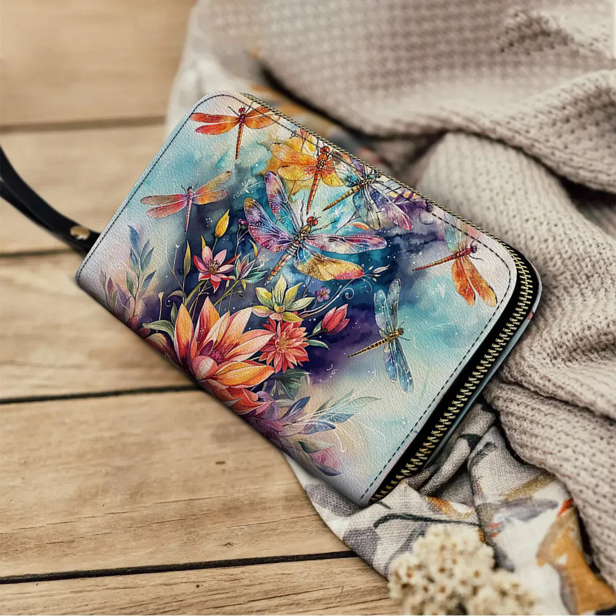  Leather Clutch Purse With Wristlet Strap Handle Dragonfly Free Flying