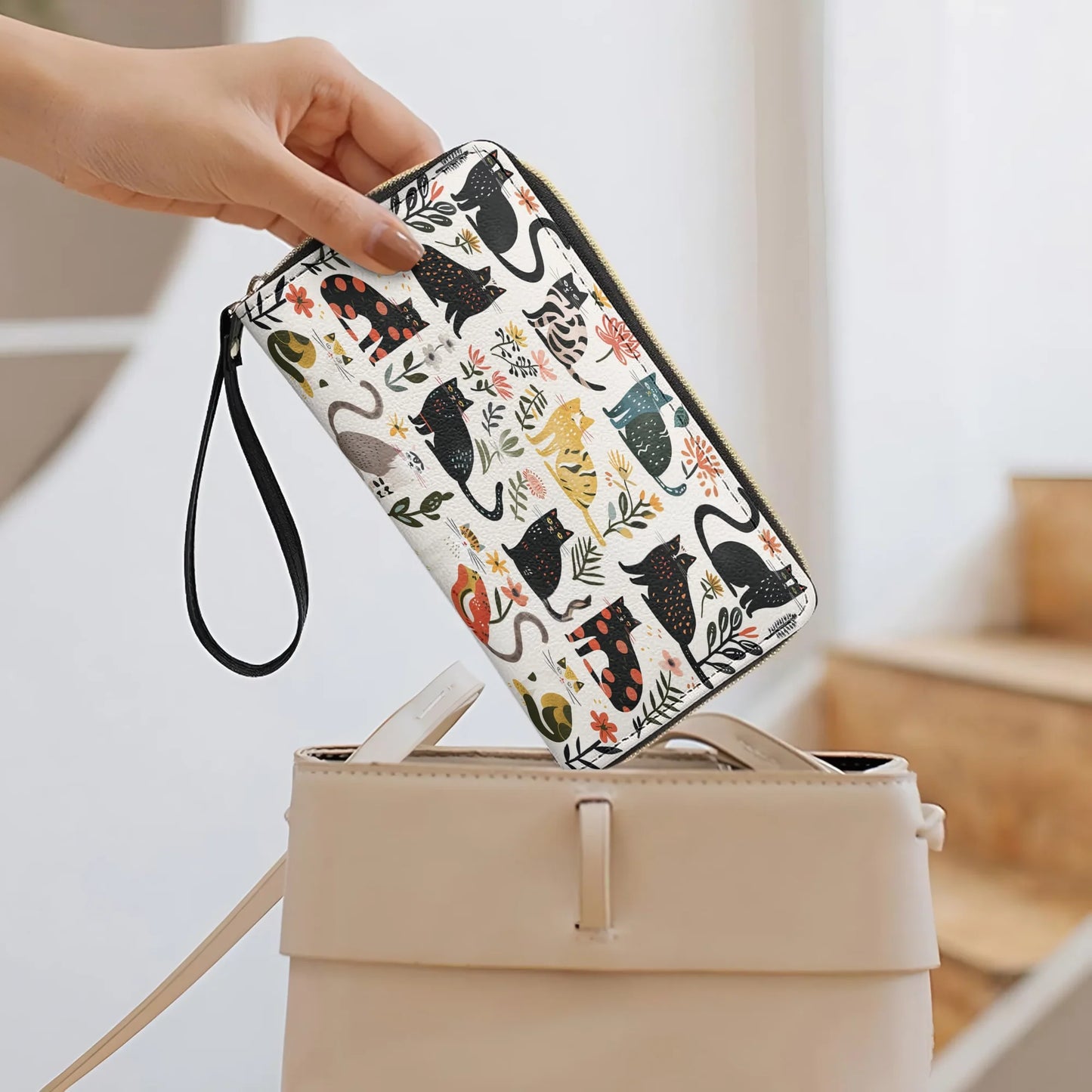  Leather Clutch Purse With Wristlet Strap Handle Botanical Cat Bliss