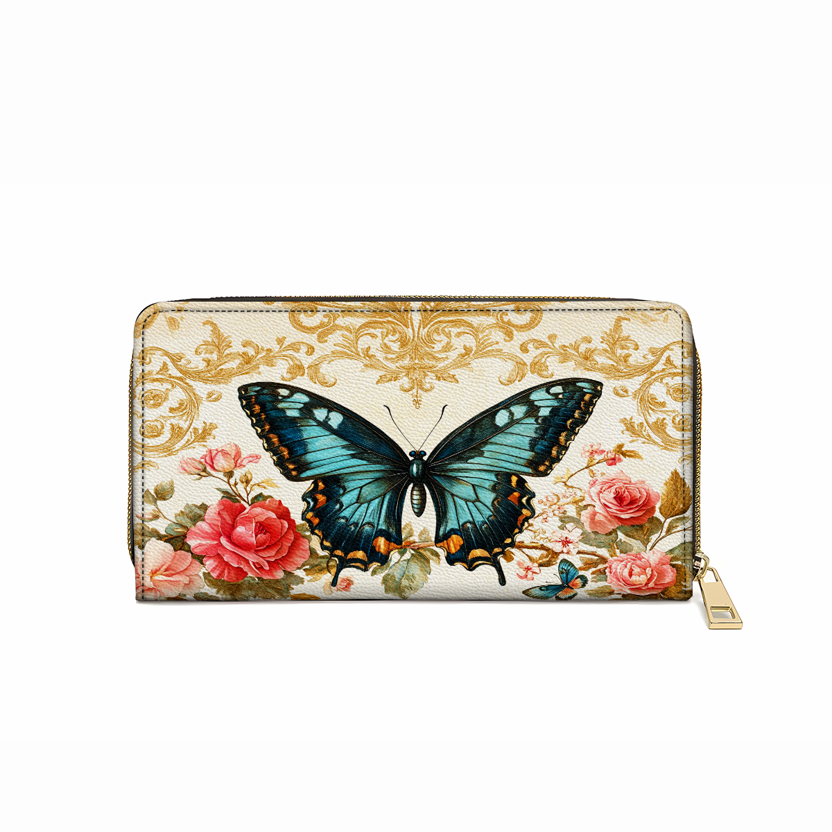 Leather Clutch Purse With Wristlet Strap Handle Butterfly Rose Whisper