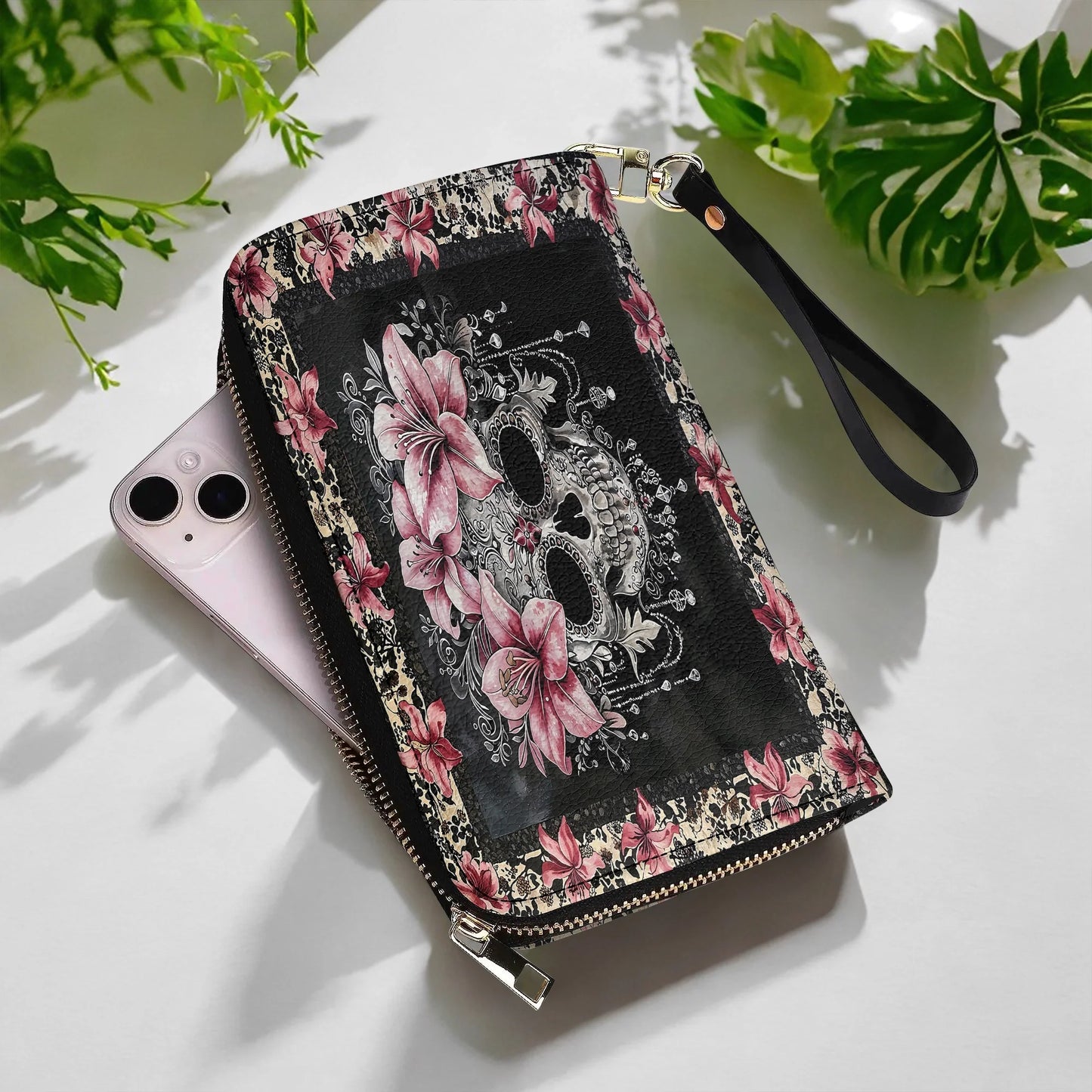  Leather Clutch Purse With Wristlet Strap Handle Beautiful Sugar Skull With Lilies