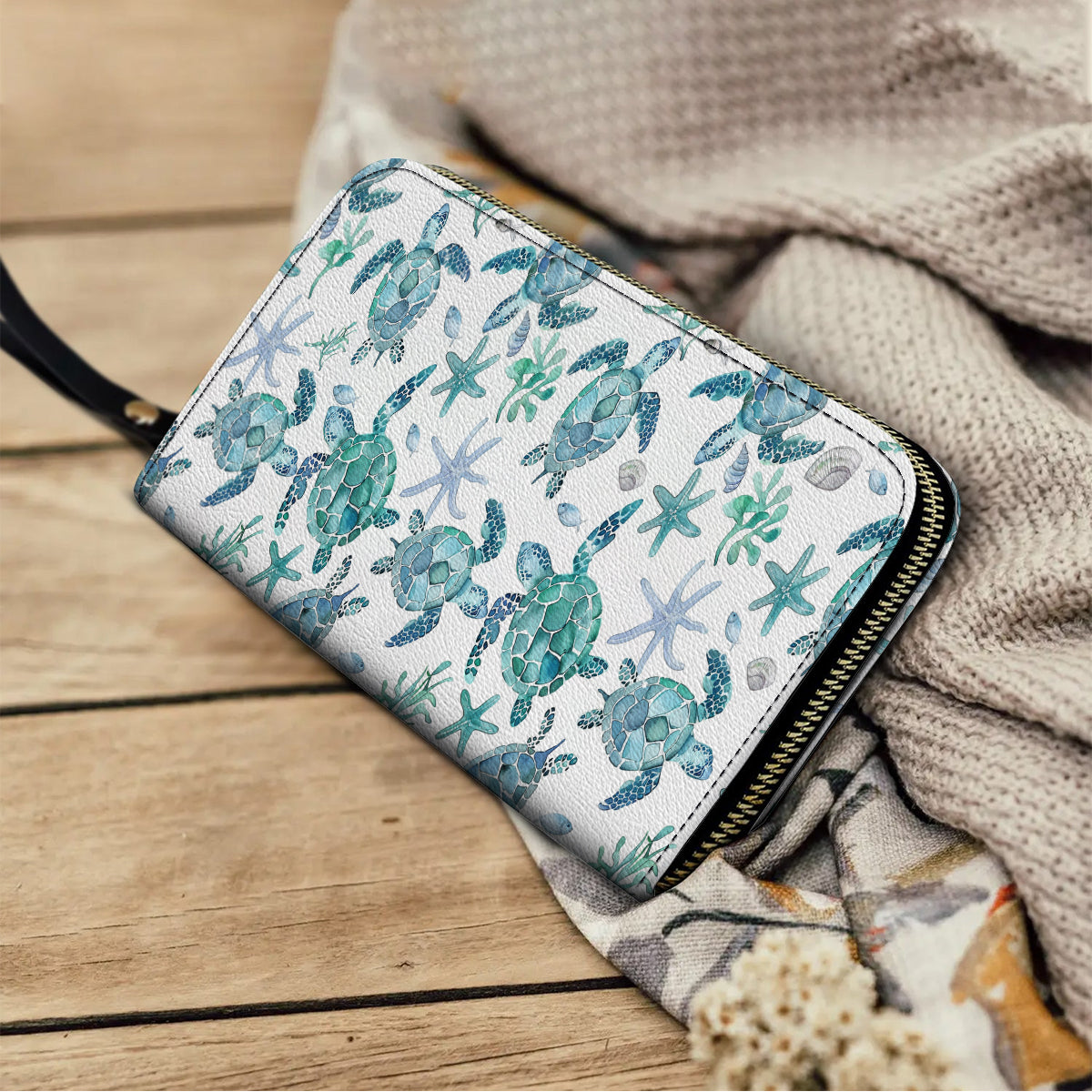  Leather Clutch Purse With Wristlet Strap Handle Blue Sea Turtle