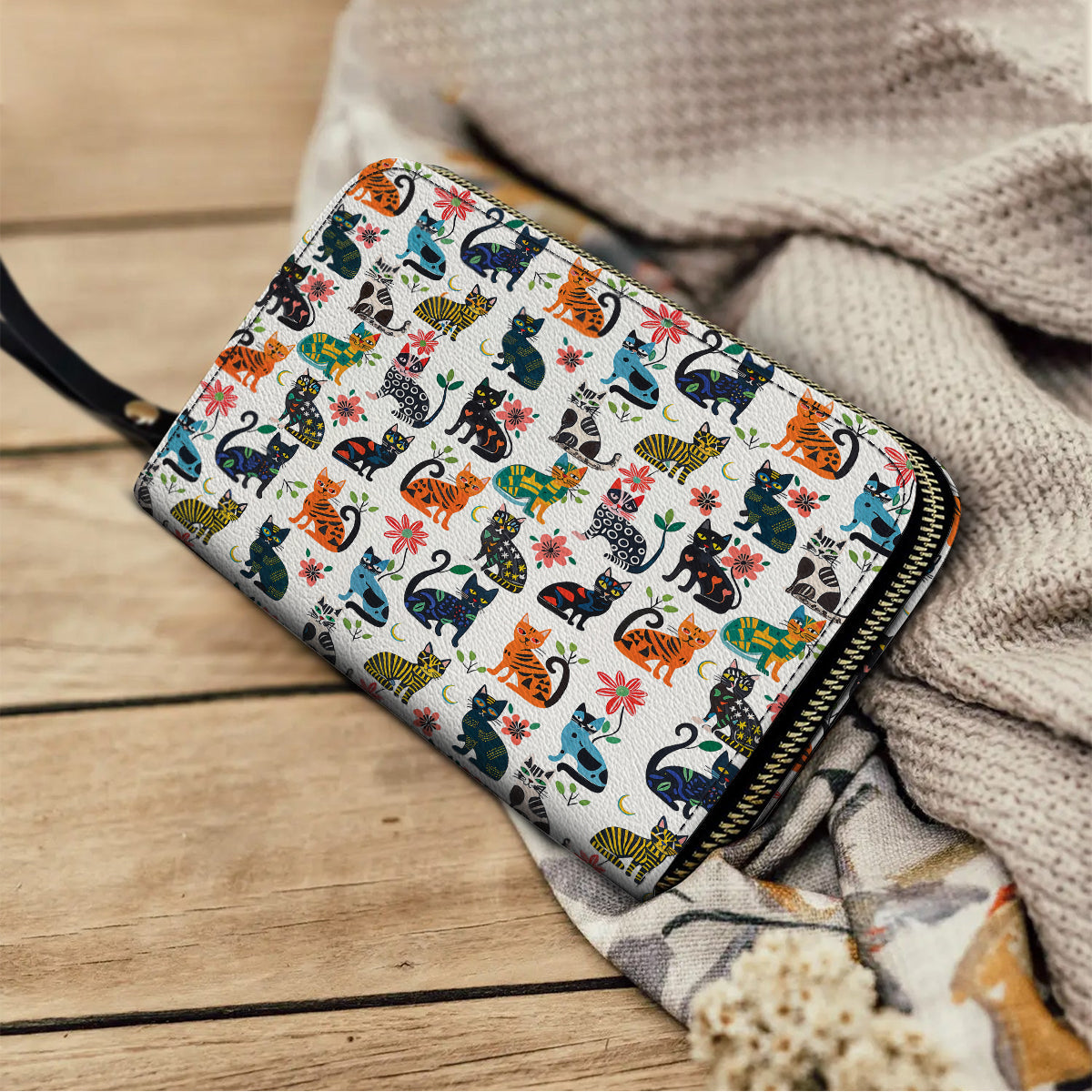  Leather Clutch Purse With Wristlet Strap Handle Cat Playful Paws