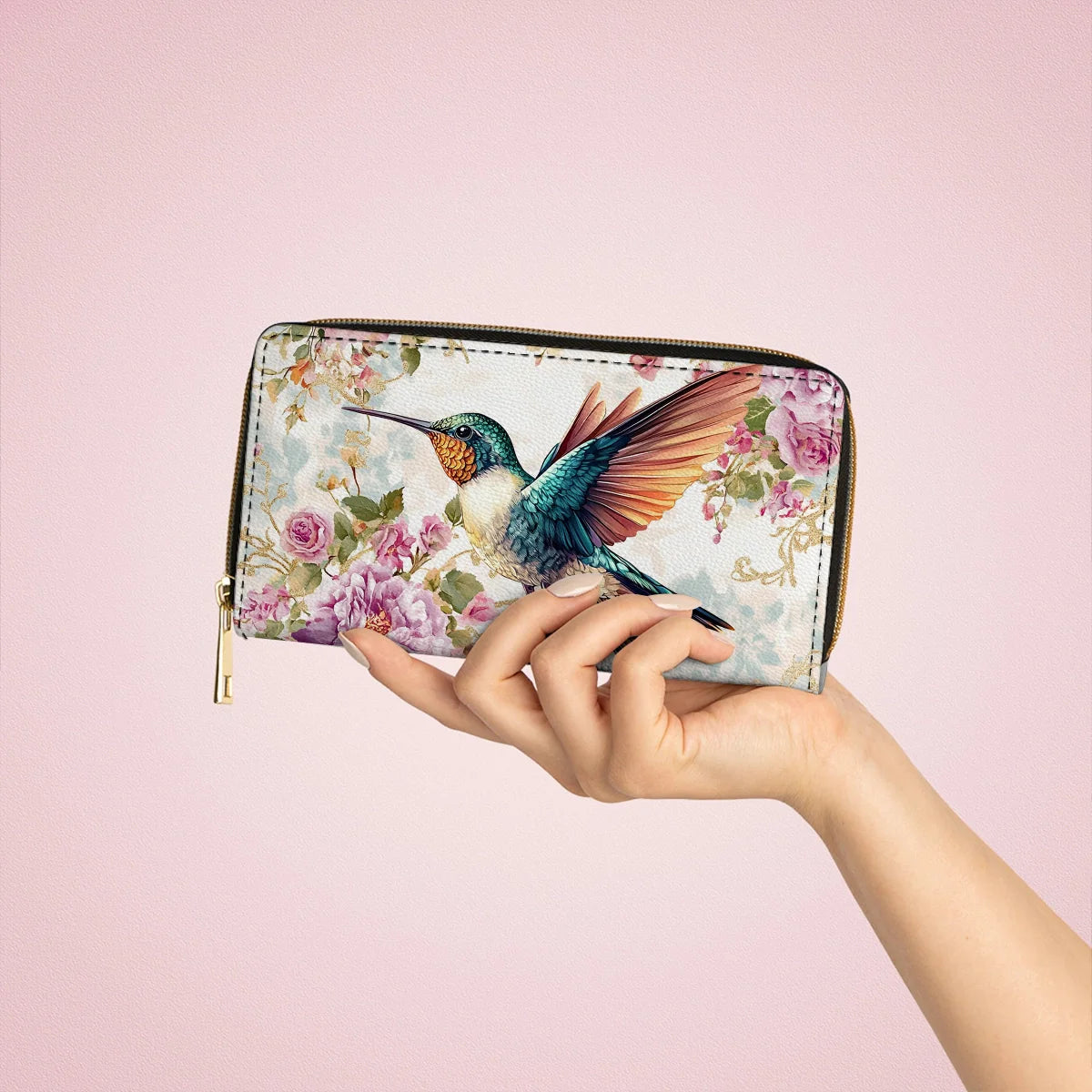  Leather Clutch Purse With Wristlet Strap Handle Ethereal Flight Hummingbird