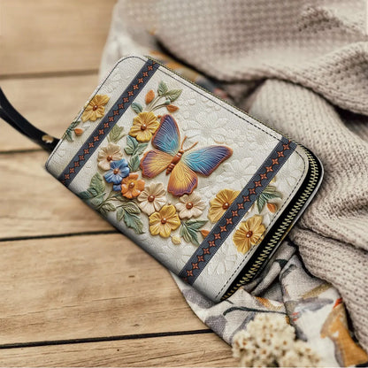  Leather Clutch Purse With Wristlet Strap Handle Butterfly Enchantment