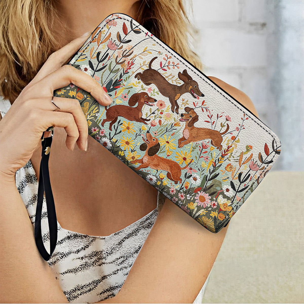  Leather Clutch Purse With Wristlet Strap Handle Dachshund Floral