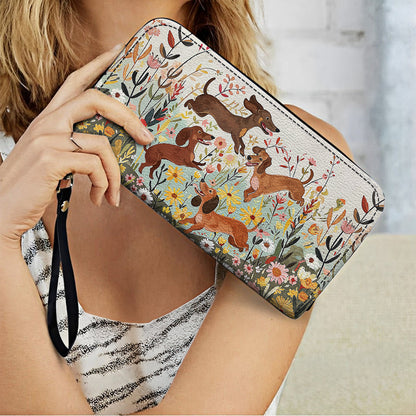  Leather Clutch Purse With Wristlet Strap Handle Dachshund Floral