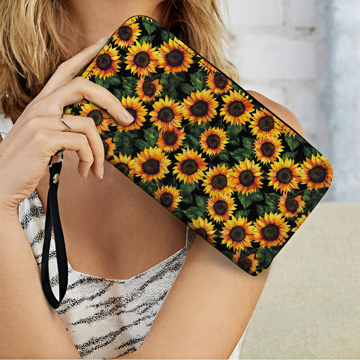  Leather Clutch Purse With Wristlet Strap Handle Sunflower Bliss
