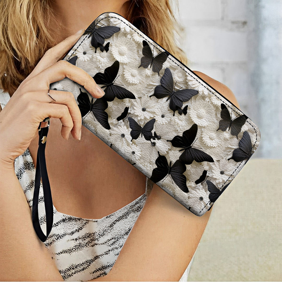  Leather Clutch Purse With Wristlet Strap Handle Black Butterfly