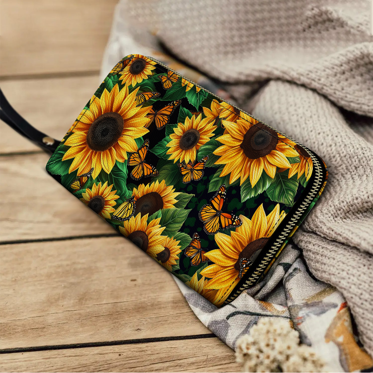  Leather Clutch Purse With Wristlet Strap Handle Sunflower Mama