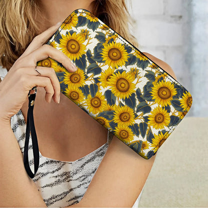  Leather Clutch Purse With Wristlet Strap Handle Sunflower Bold Bloom