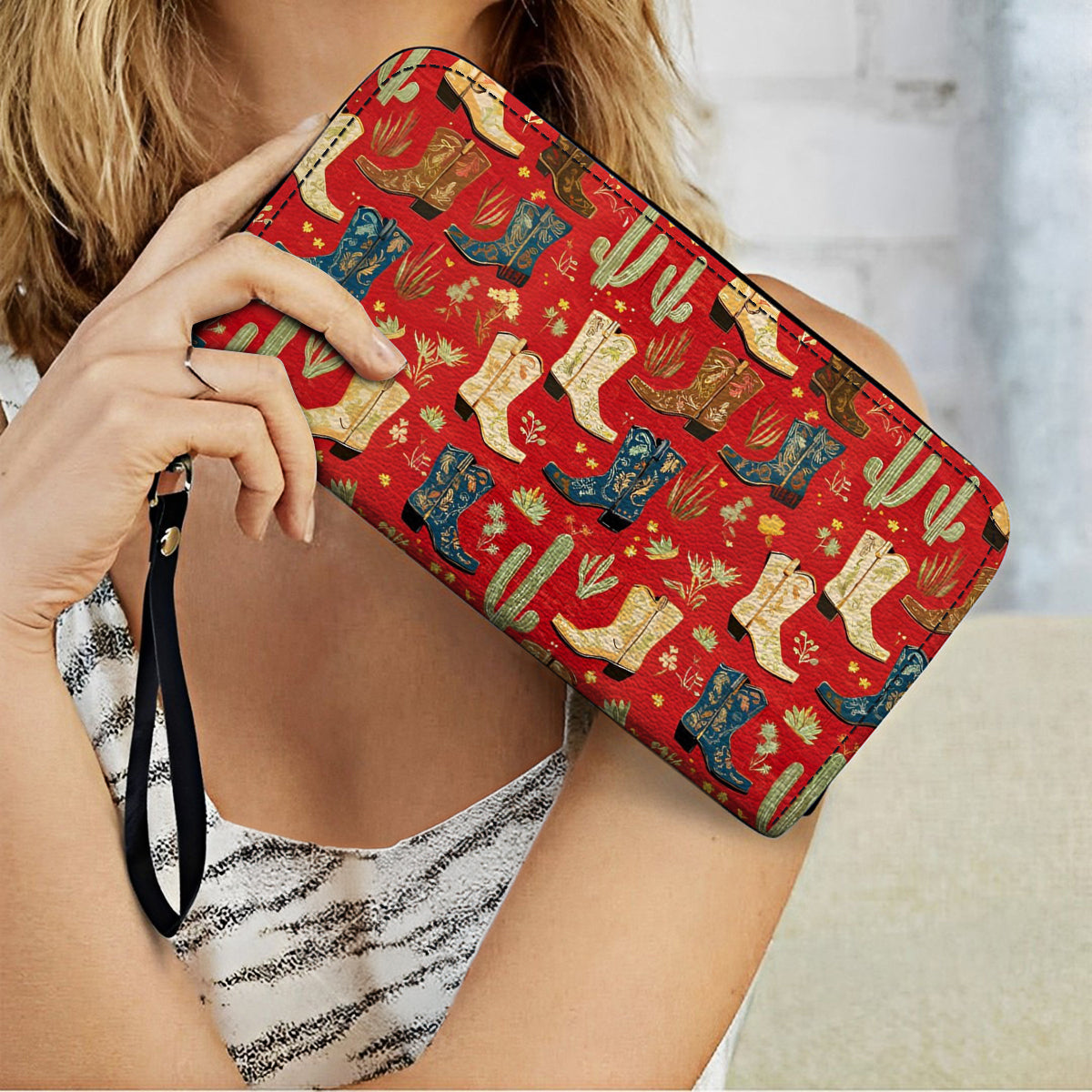  Leather Clutch Purse With Wristlet Strap Handle Glamorous Cowgirl Boot Pattern