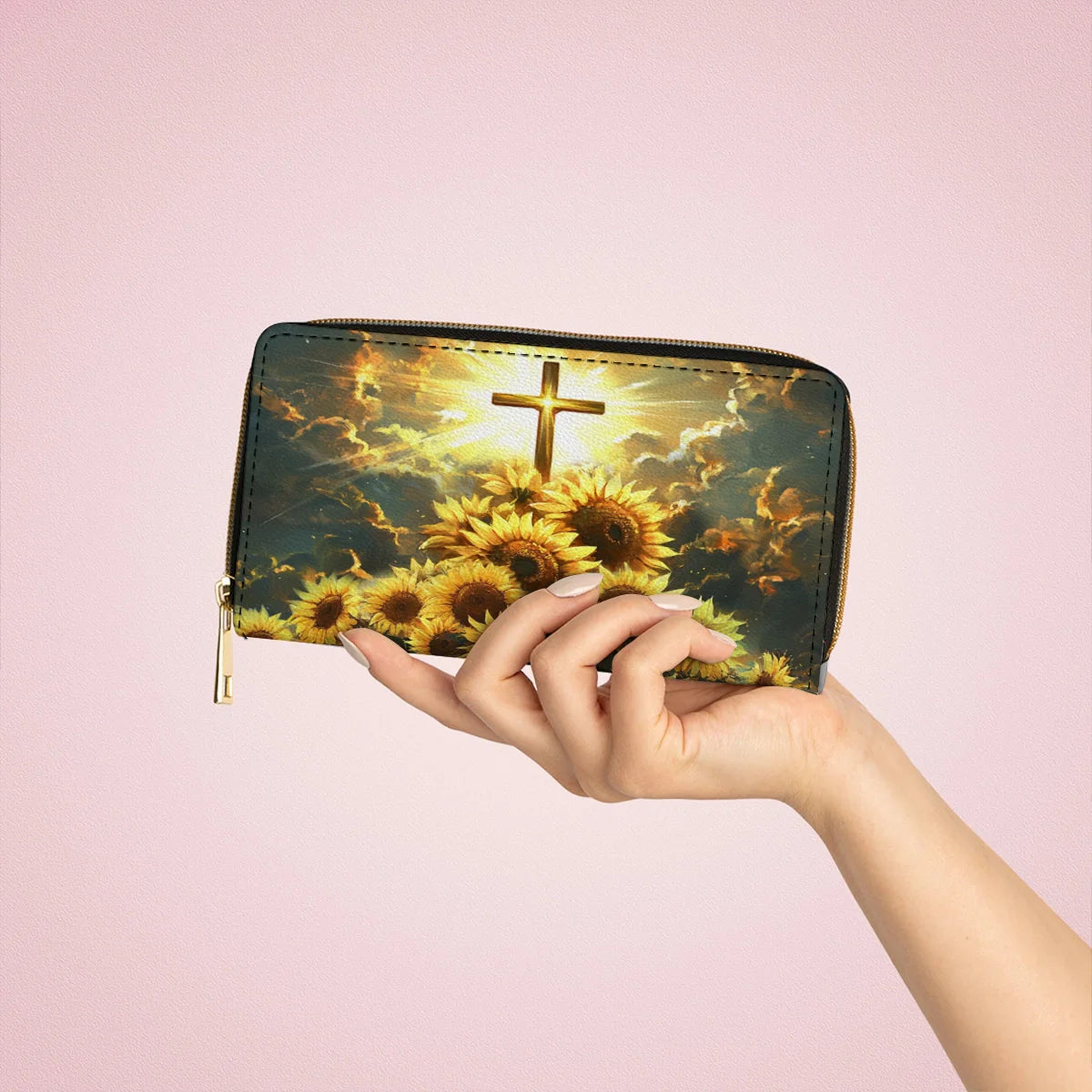  Leather Clutch Purse With Wristlet Strap Handle Sunflower Faith Light