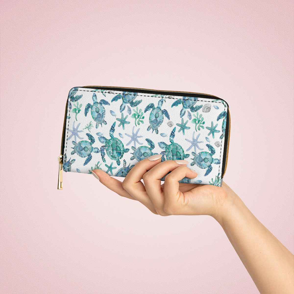  Leather Clutch Purse With Wristlet Strap Handle Blue Sea Turtle