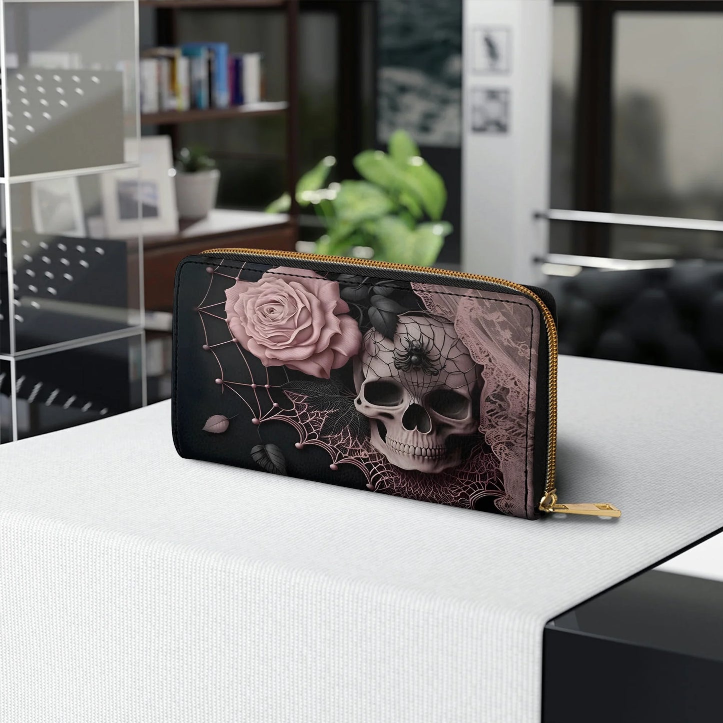  Leather Clutch Purse With Wristlet Strap Handle Dark Bloom Gothic