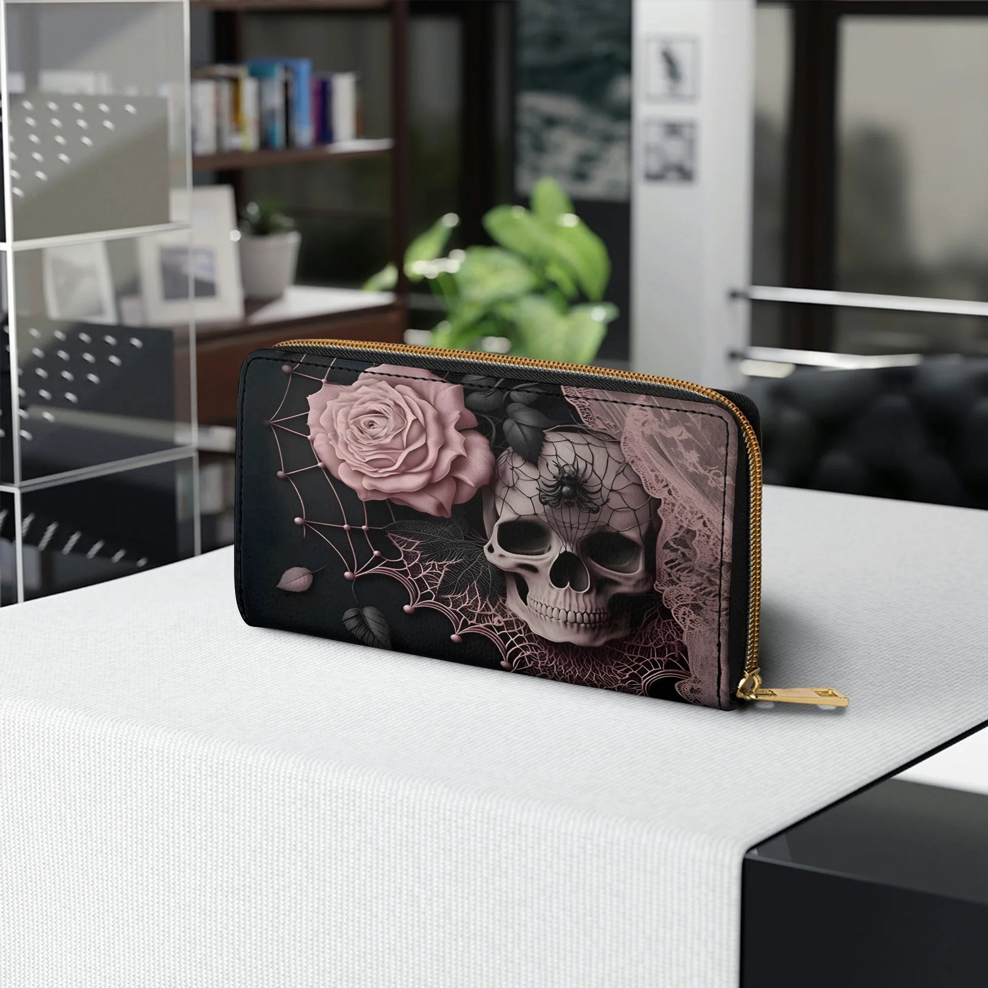  Leather Clutch Purse With Wristlet Strap Handle Dark Bloom Gothic