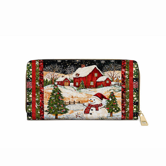  Leather Clutch Purse With Wristlet Strap Handle Snowman's Christmas Dream