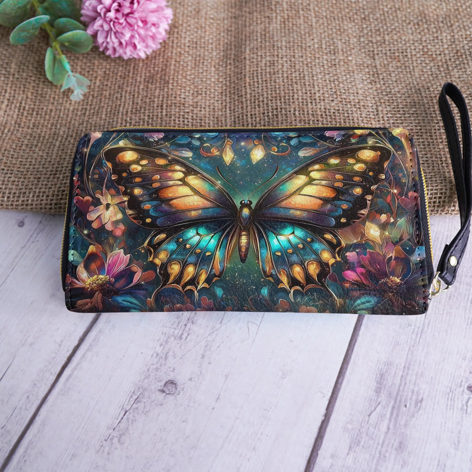  Leather Clutch Purse With Wristlet Strap Handle Butterfly Twilight Glow