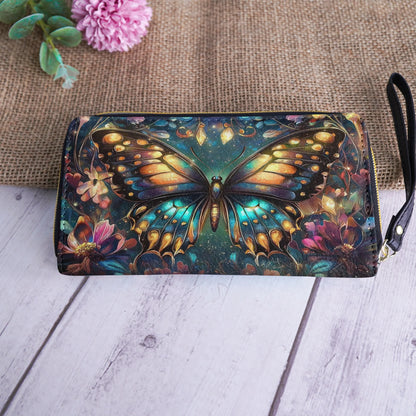  Leather Clutch Purse With Wristlet Strap Handle Butterfly Twilight Glow