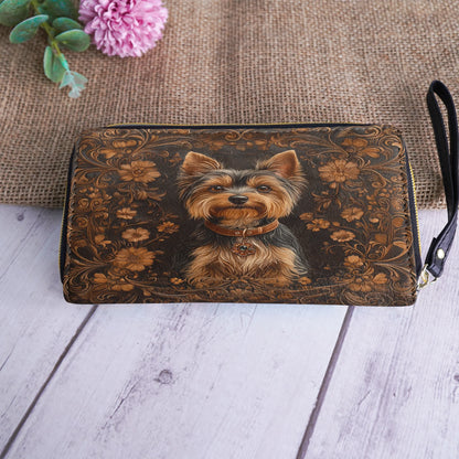  Leather Clutch Purse With Wristlet Strap Handle Timeless Yorkie Charm