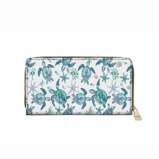  Leather Clutch Purse With Wristlet Strap Handle Blue Sea Turtle