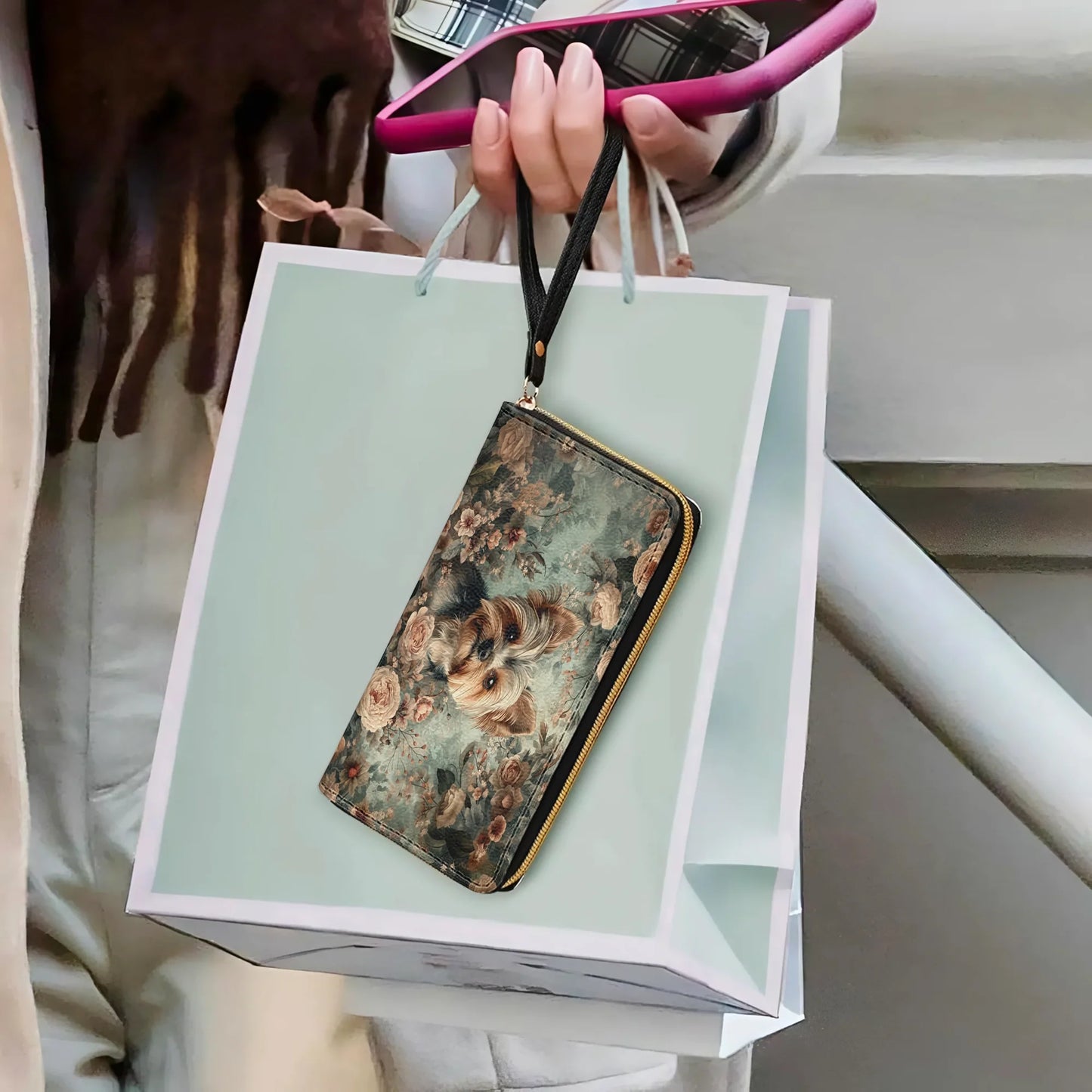  Leather Clutch Purse With Wristlet Strap Handle Yorkie Blossom Luxe