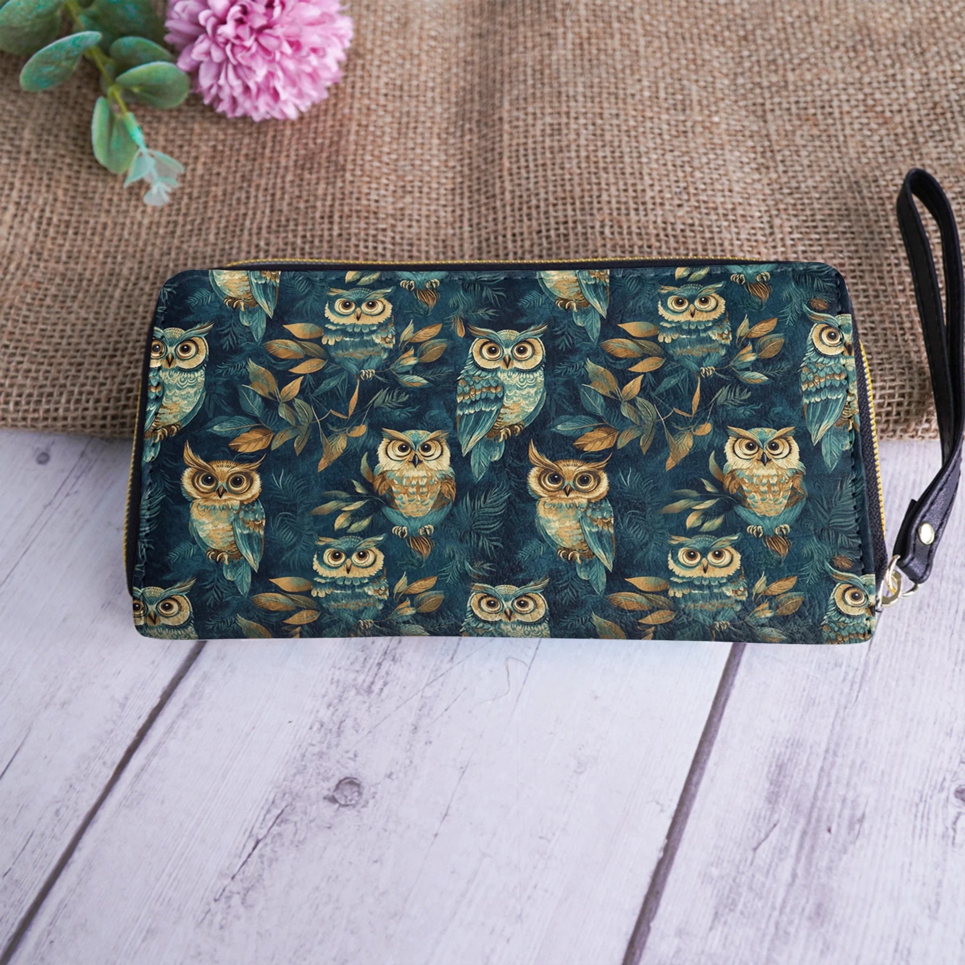  Leather Clutch Purse With Wristlet Strap Handle Nightfall Owl Symphony