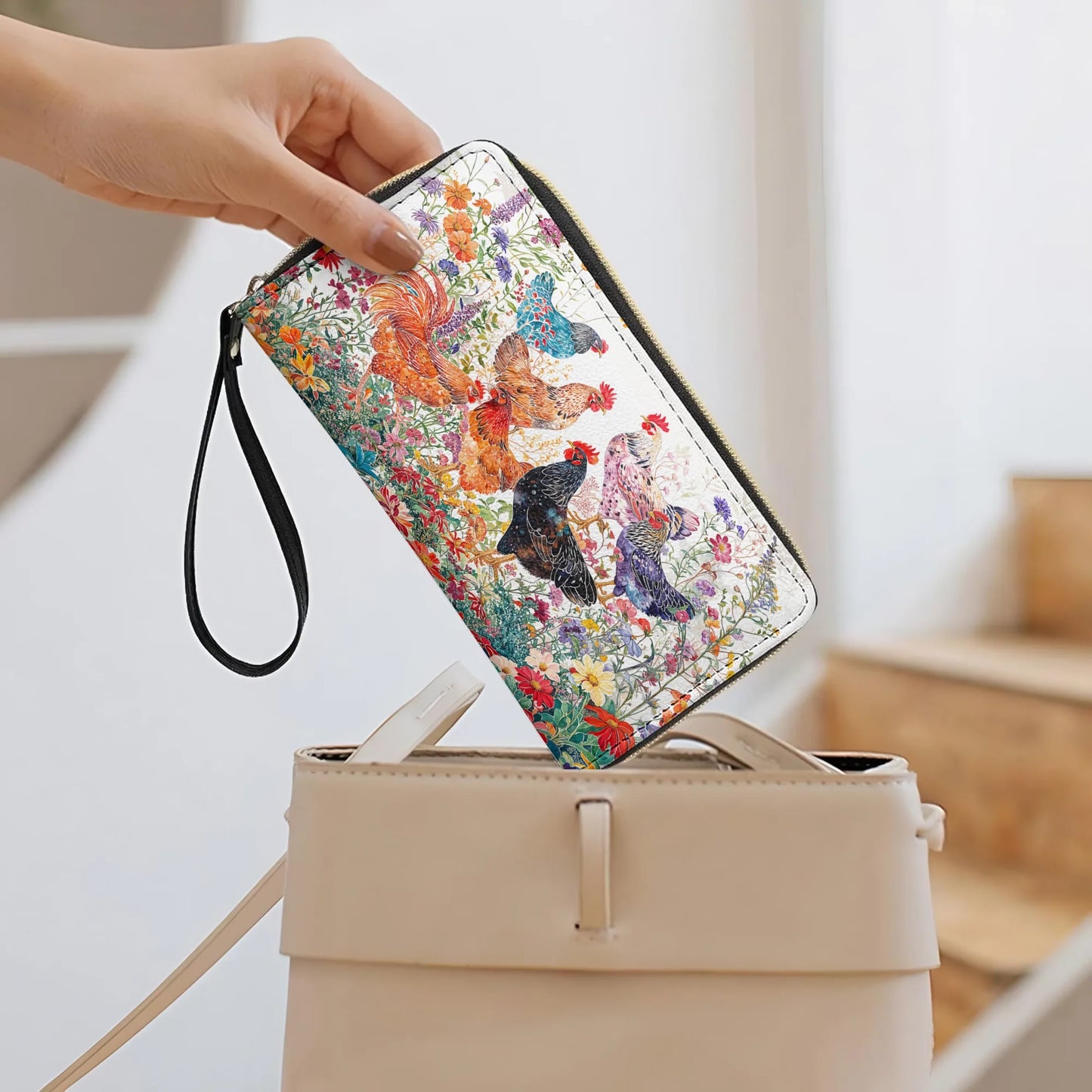  Leather Clutch Purse With Wristlet Strap Handle Chicken Rooster Garden Bliss