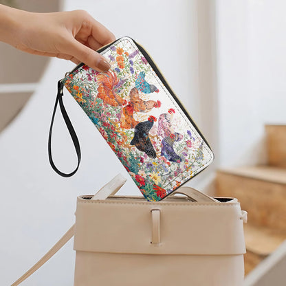  Leather Clutch Purse With Wristlet Strap Handle Chicken Rooster Garden Bliss