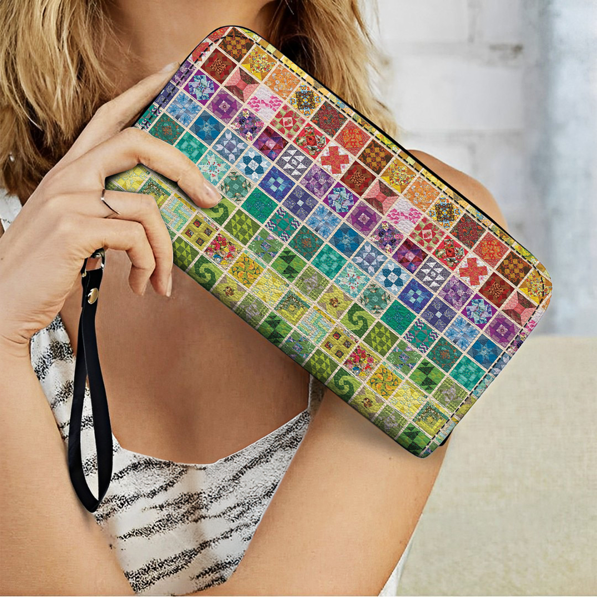  Leather Clutch Purse With Wristlet Strap Handle Traditional Quilting Blocks 3