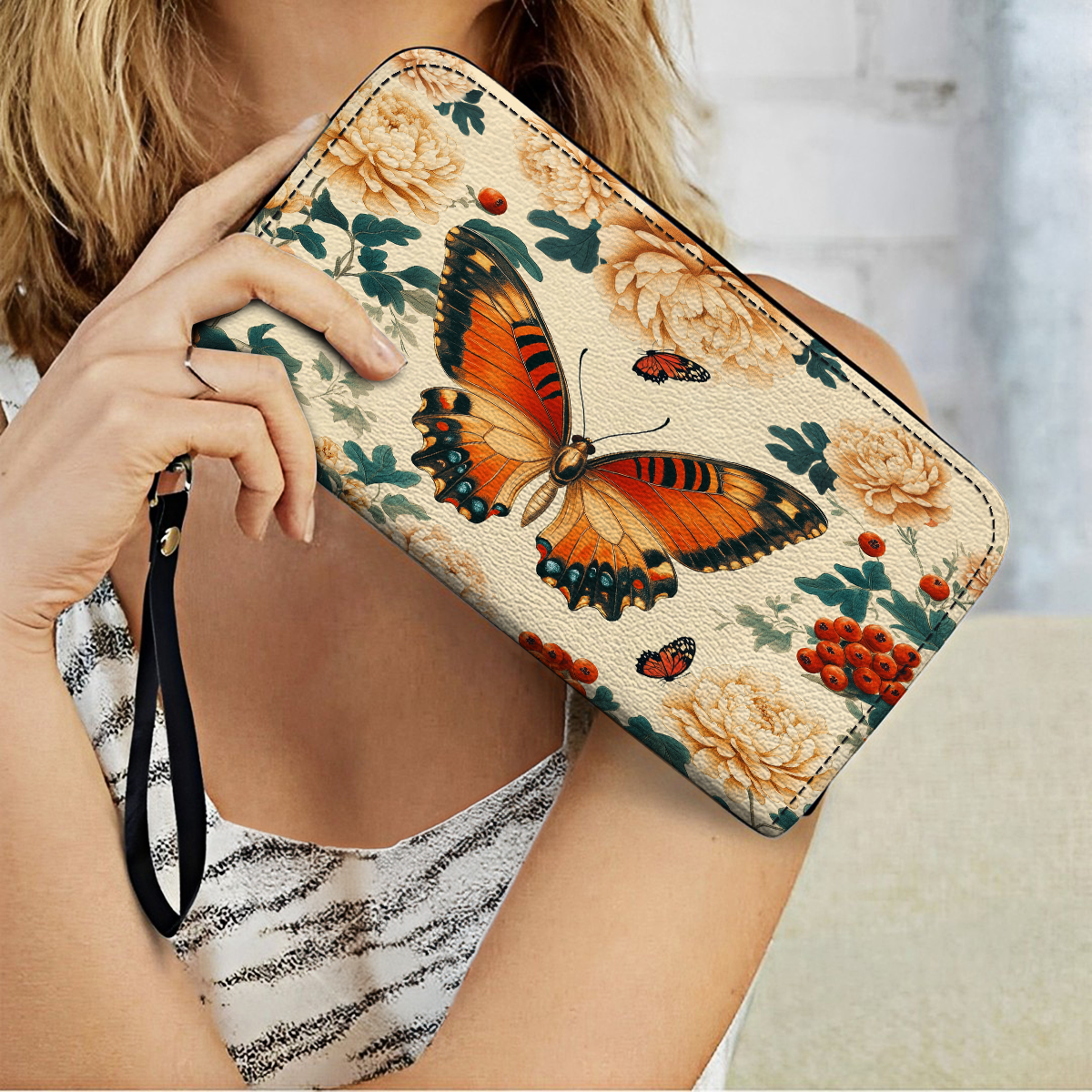  Leather Clutch Purse With Wristlet Strap Handle Enchanted Autumn Butterfly