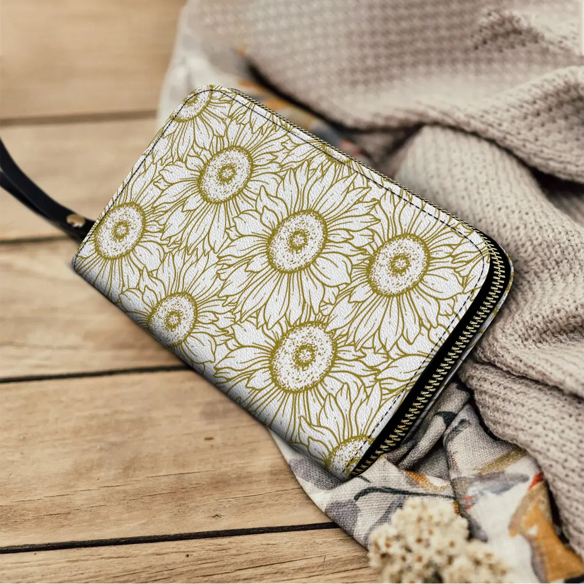  Leather Clutch Purse With Wristlet Strap Handle Golden Sunflower Grace