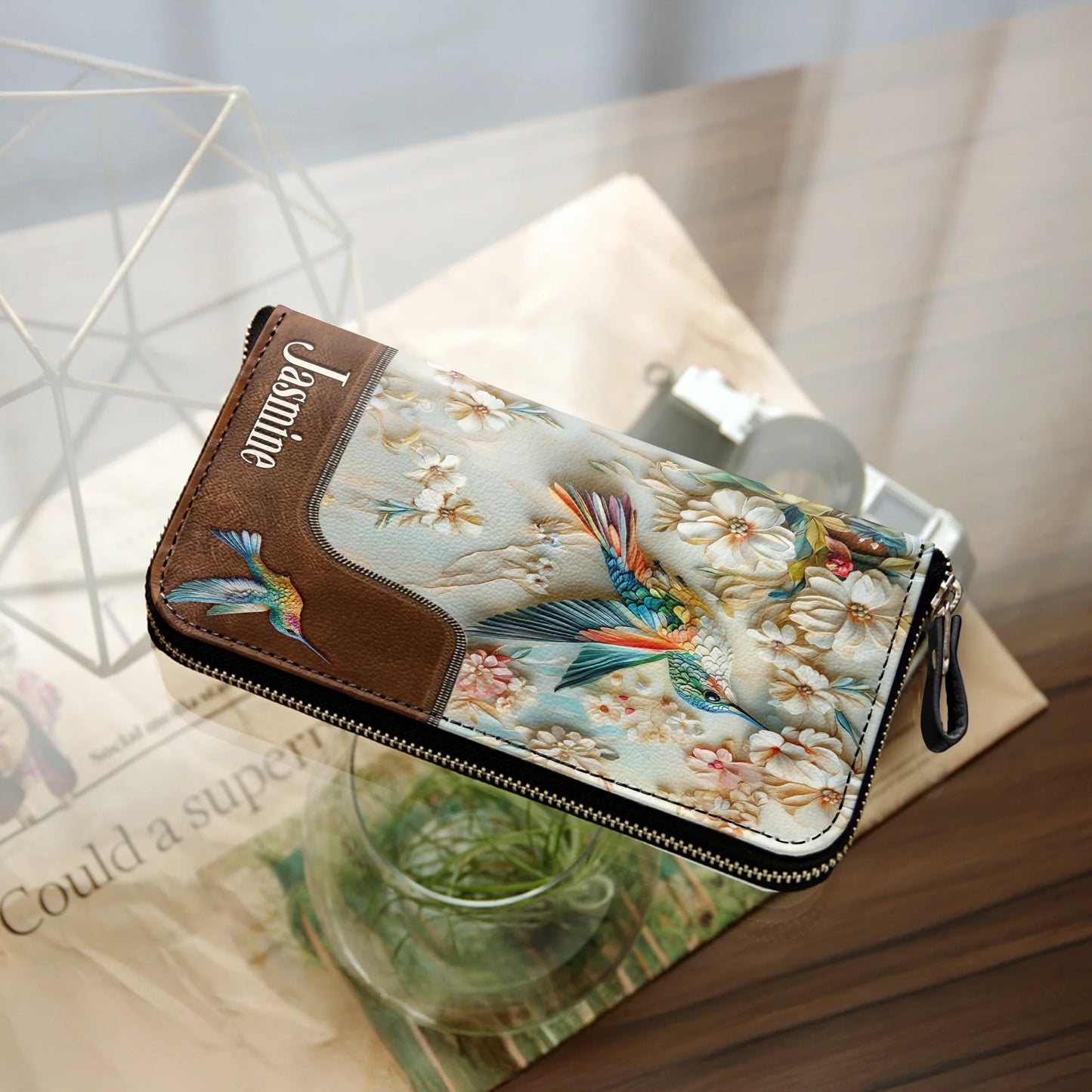  Leather Clutch Purse With Wristlet Strap Handle Personalized Wings of Bloom