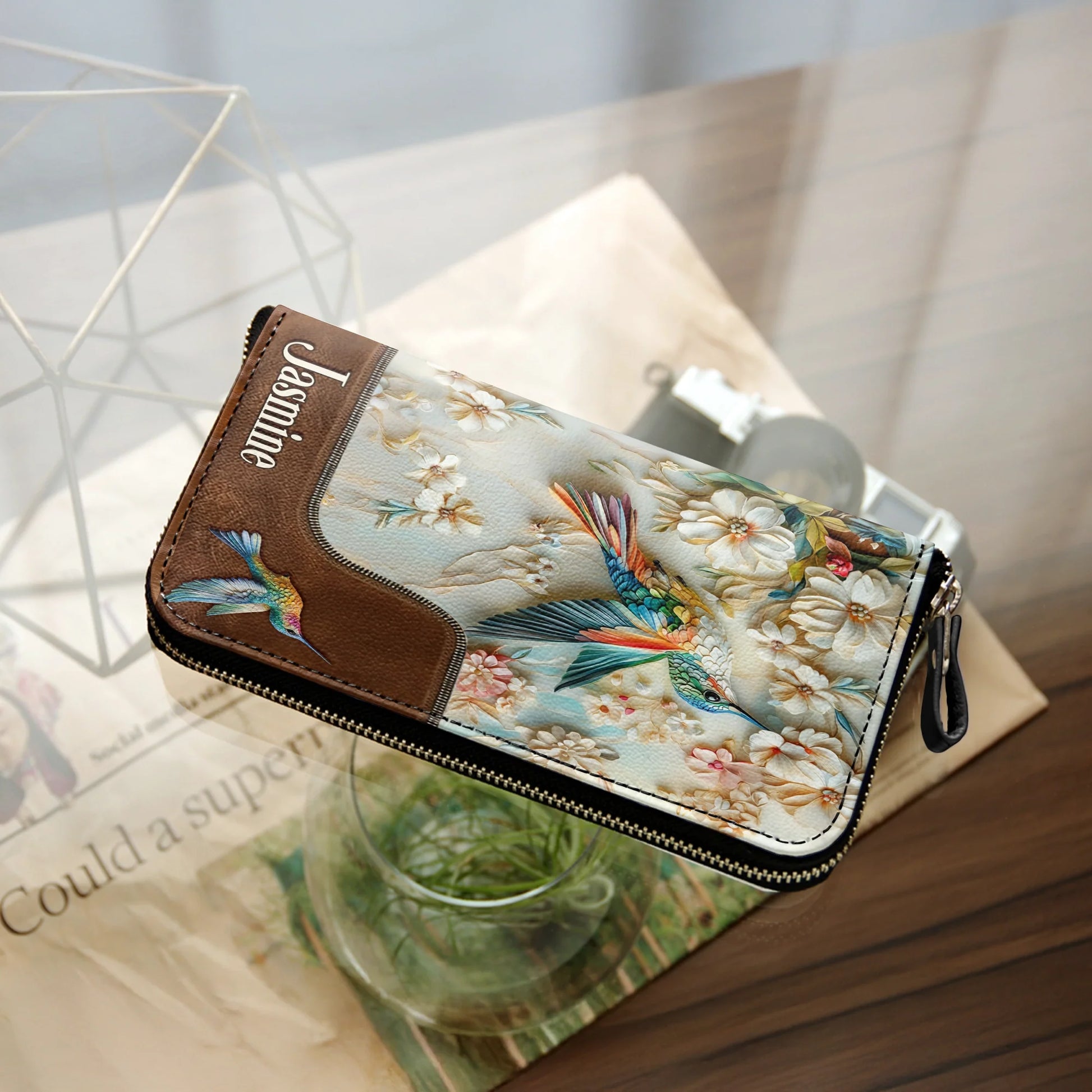  Leather Clutch Purse With Wristlet Strap Handle Personalized Wings of Bloom