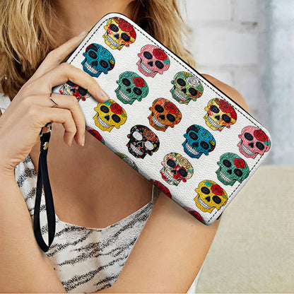  Leather Clutch Purse With Wristlet Strap Handle Colorful Sugar Skull Roses