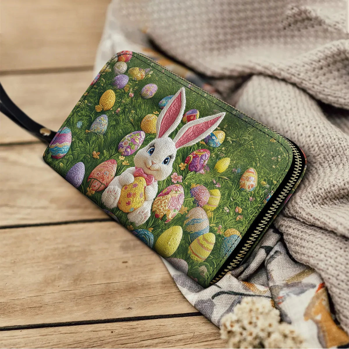  Leather Clutch Purse With Wristlet Strap Handle Easter Bunny