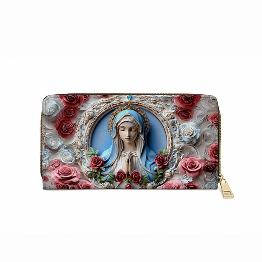  Leather Clutch Purse With Wristlet Strap Handle Sacred Heart Virgin Mary