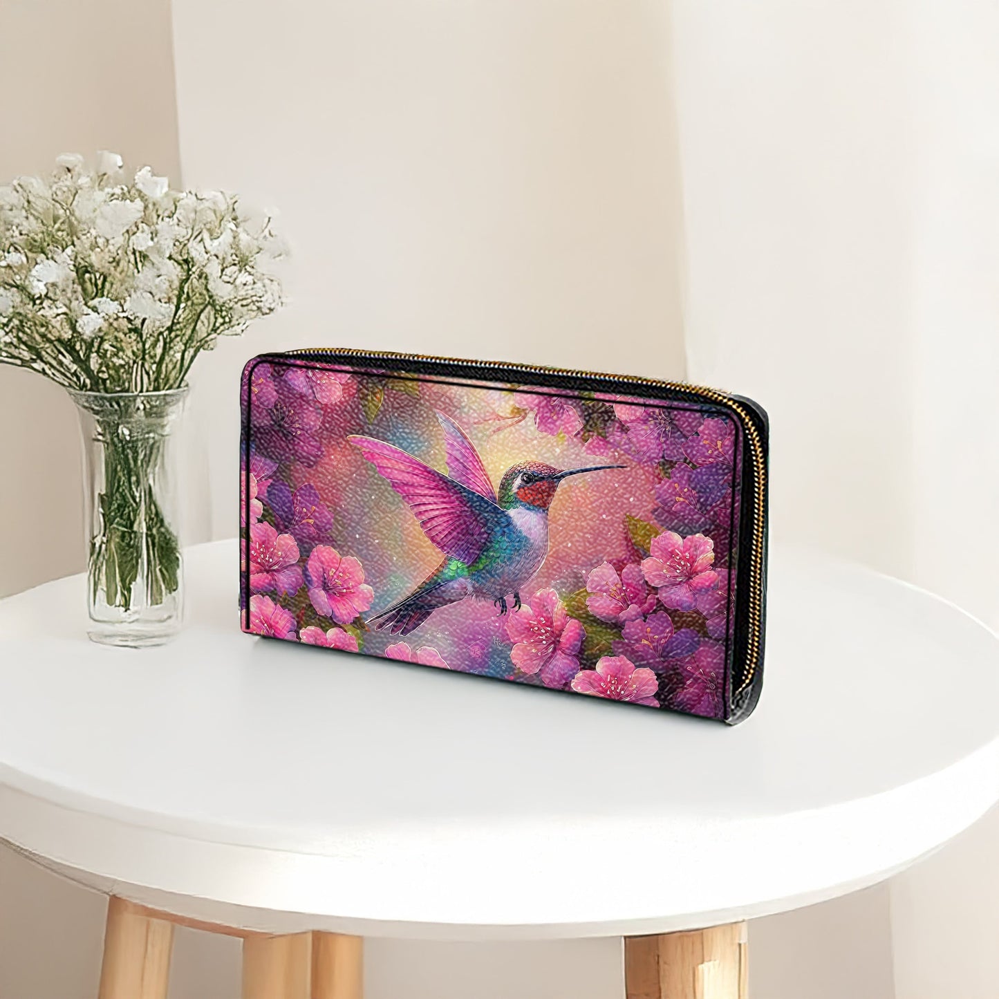  Leather Clutch Purse With Wristlet Strap Handle Blossom Hummingbird